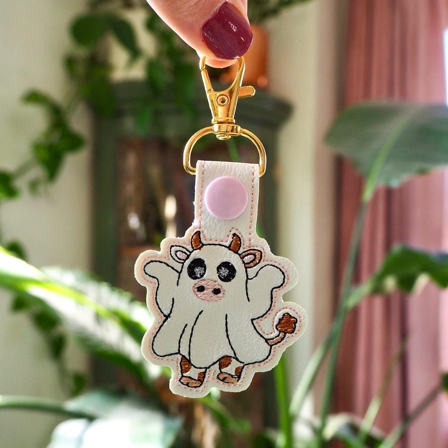 Adorable Ghost Cow Embroidered Keychain