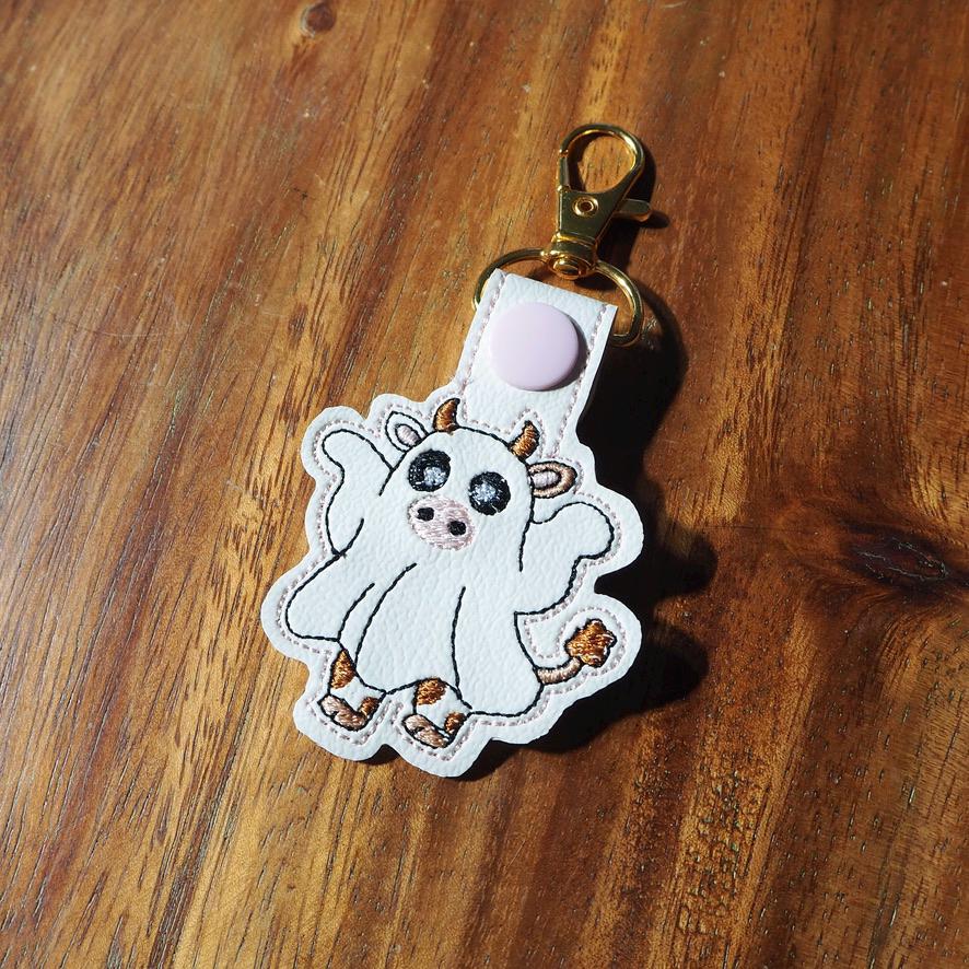 Adorable Ghost Cow Embroidered Keychain