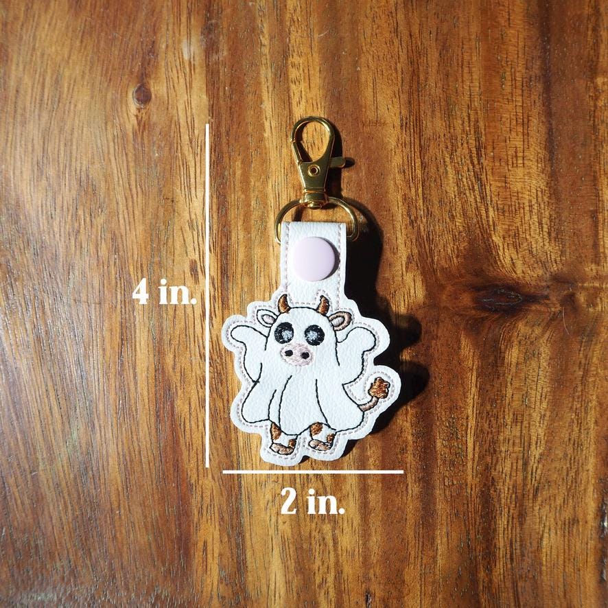Adorable Ghost Cow Embroidered Keychain