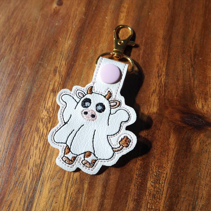 Adorable Ghost Cow Embroidered Keychain