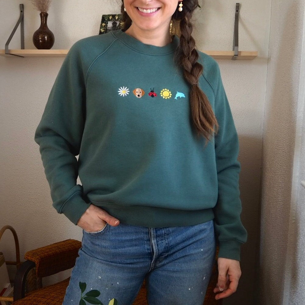 Green Embroidered Cute Icons Sweatshirt | Size Medium