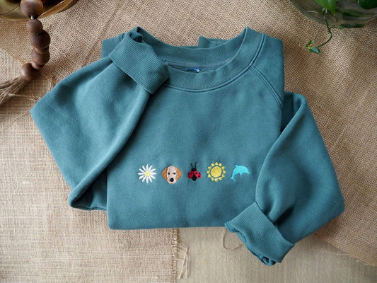 Green Embroidered Cute Icons Sweatshirt | Size Medium