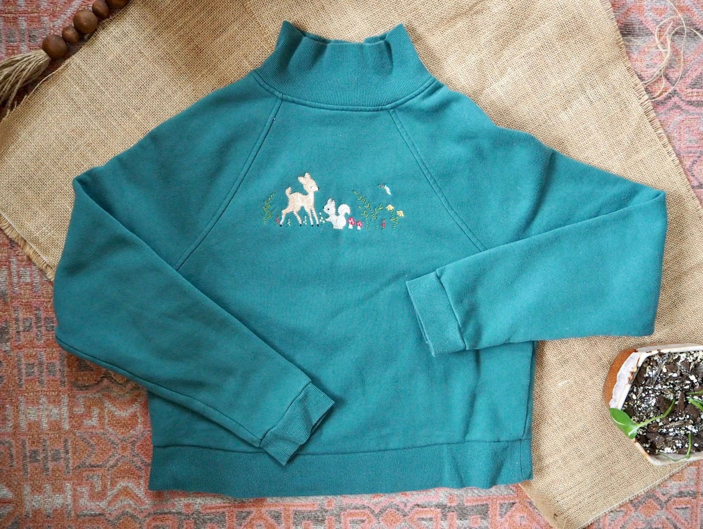 Green Embroidered Floral Forest Sweatshirt | Size Extra Small
