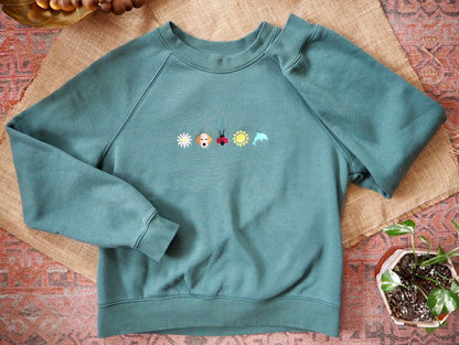 Green Embroidered Cute Icons Sweatshirt | Size Medium