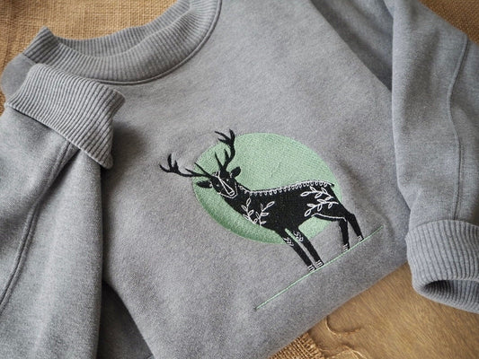 Gray Embroidered Boho Deer Sweatshirt | Size Extra Small