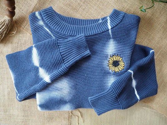 Navy Tie Dye Embroidered Sunflower Sweater | Size Extra Small