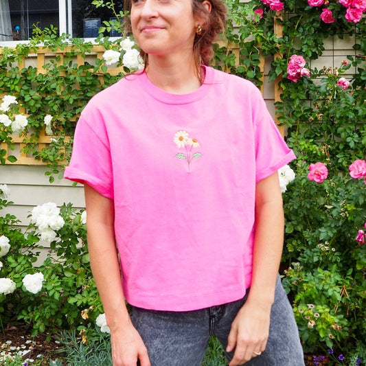 Cropped Pink Tee with Daisy Embroidery | Size Medium