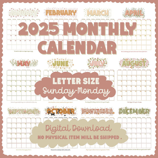 Floral & Earthy 2025 8.5 x 11 Printable Calendar