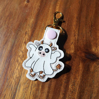Adorable Ghost Cow Embroidered Keychain